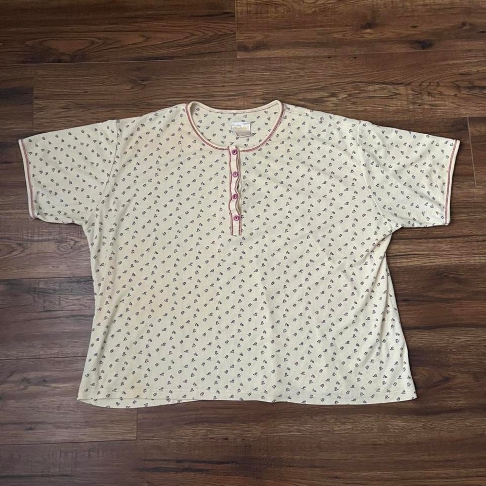 Butter Yellow Pink Floral Oversized Tshirt‎ Buttons Women Medium Vintage Cottage
